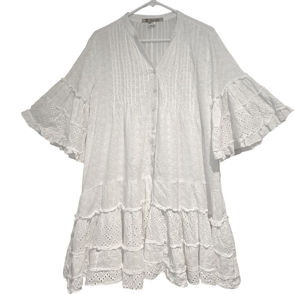 Blanco de Ibiza White Cotton Eyelet Tiered Mini Dress OS Boho Coastal Bridal - Picture 2 of 9